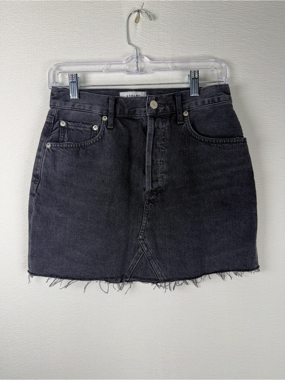 Agolde Washed Black Denim Mini Skirt with Frayed Hem